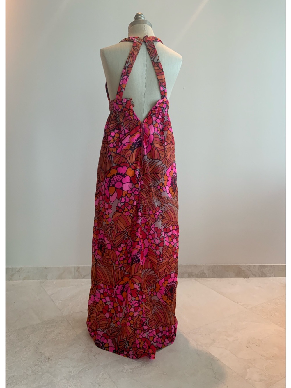 Vintage Malia 70’s Vibrant Pink/Orange Floral Halter Maxi Dress Sz med - Picture 3 of 7